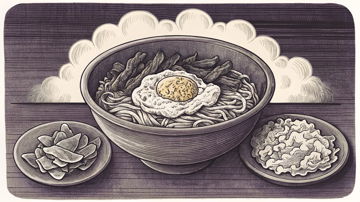 A steaming bowl of bibimbap with kimchi and grilled bulgogi.