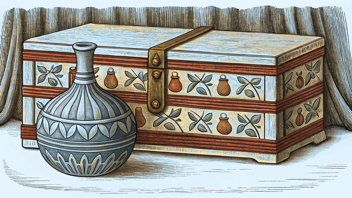 A pale celadon vase standing on a decorated wooden chest, against a striped backdrop.