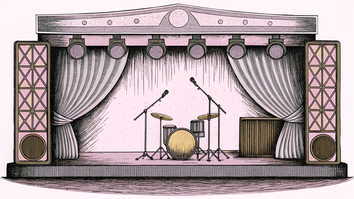 A concert stage glows with lights, a microphone, and instruments for performance.