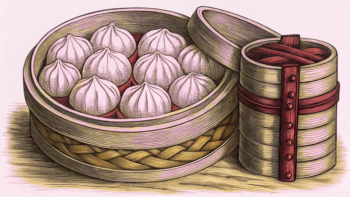 An open bamboo steamer holding dumplings, stacked beside a second lidded steamer basket.