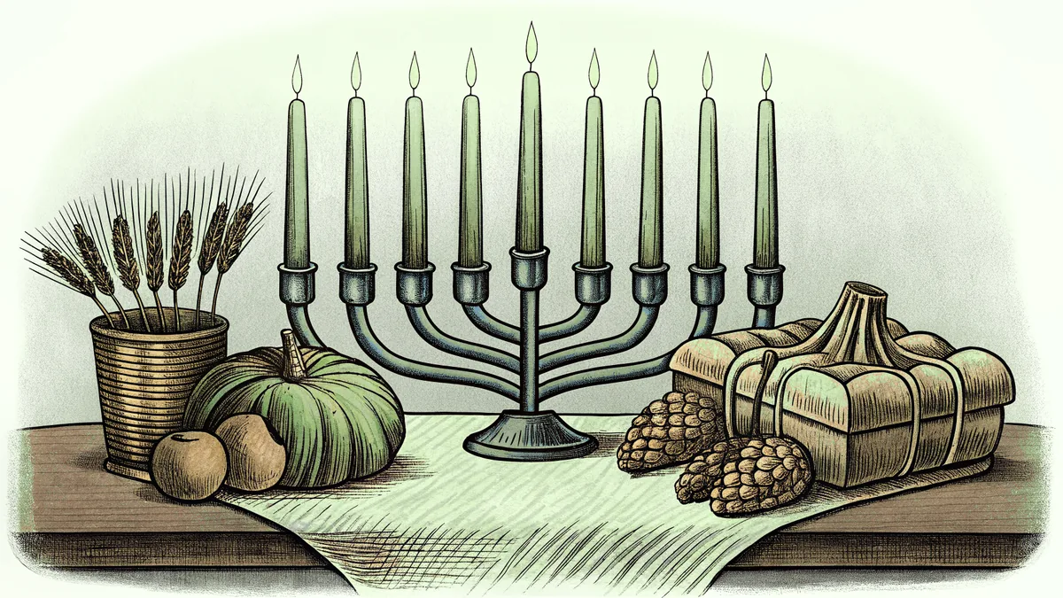 Seven glowing candles standing in a ceremonial holder surrounded by harvest crops and wrapped gifts.