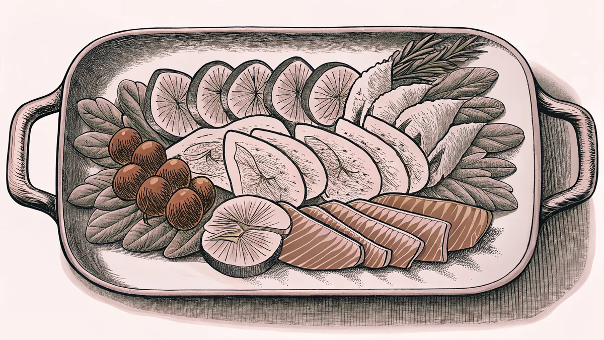 Spanish meats and seafood arranged on a wooden cutting board