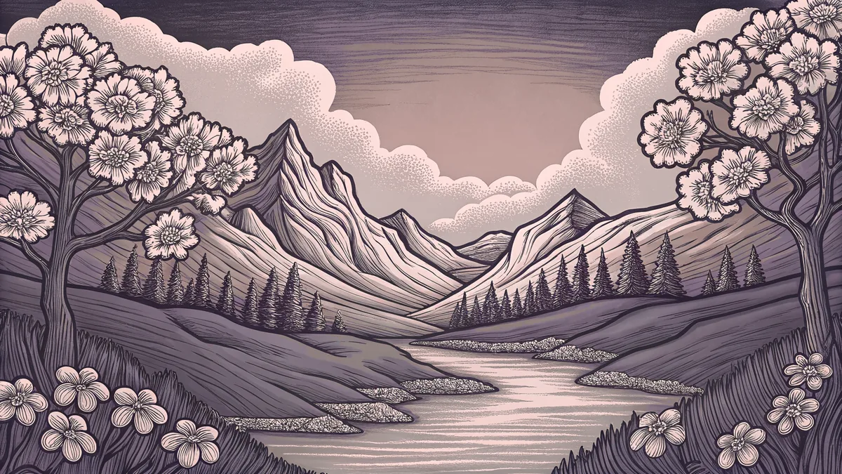 A diverse natural landscape featuring mountains, water, forest, and blooming flowers.