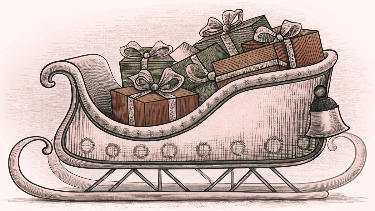 A sleigh piled with wrapped gifts beside a bell and glowing strings of holiday lights.