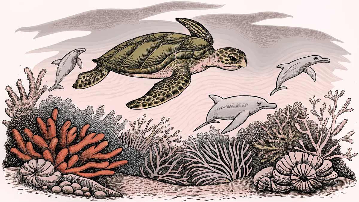Underwater life on a coral reef with sea turtles, dolphins, and colorful fish.
