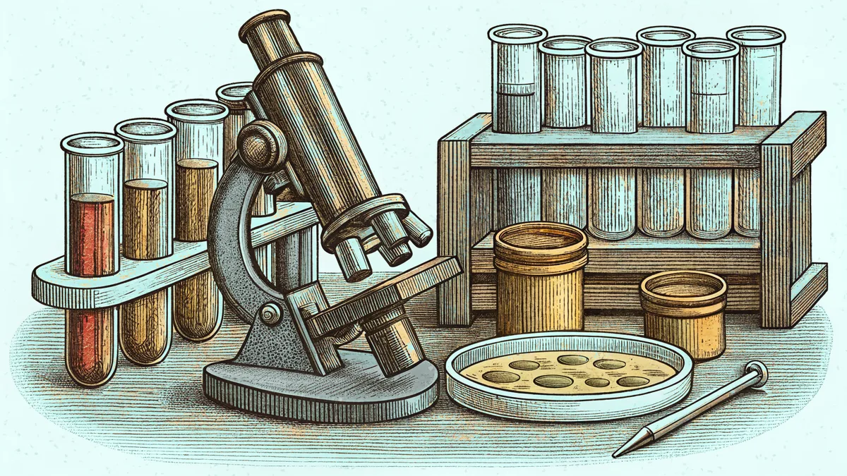 A microscope sits beside racked test tubes and a petri dish holding a cultured sample.