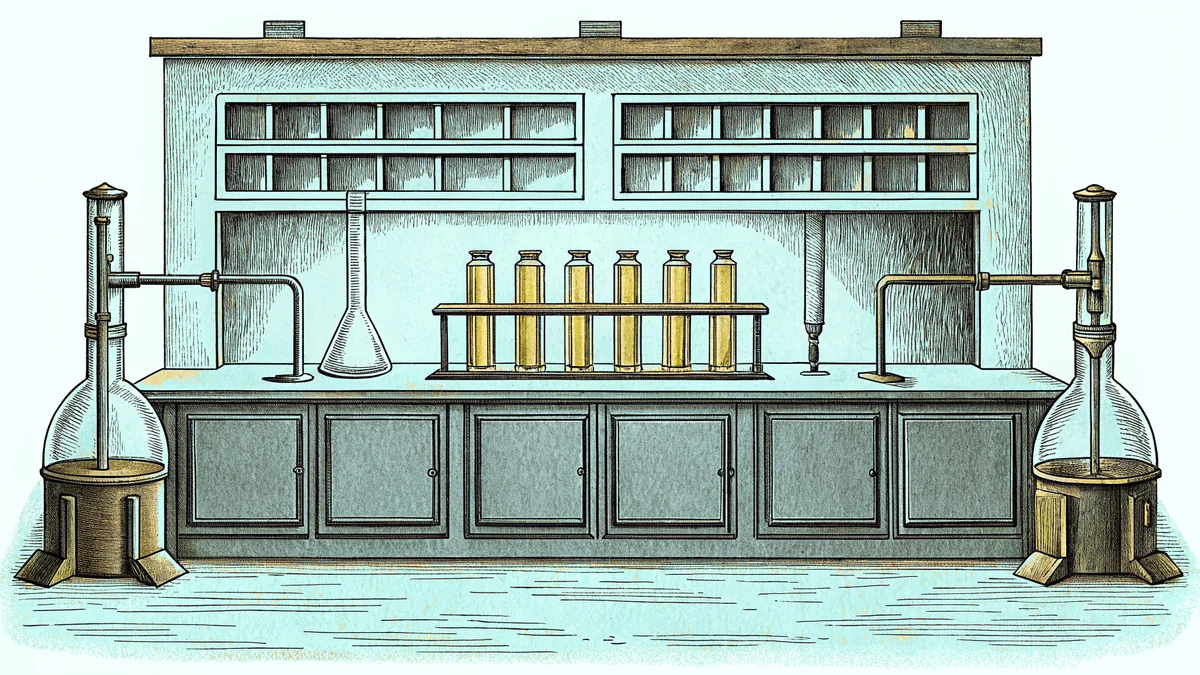 A chemistry lab setup with beakers, a burner, and glowing test tubes.
