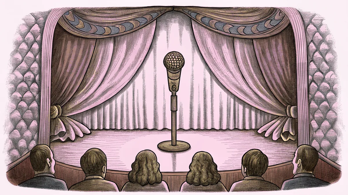 A jeweled microphone stands on a concert stage surrounded by dramatic purple and blue stage lighting.