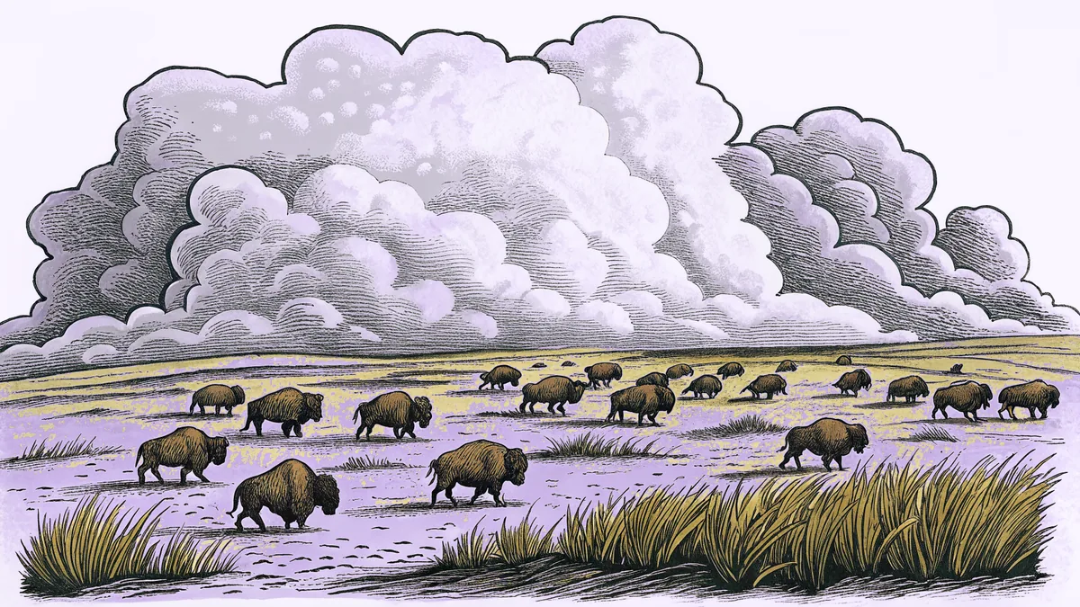A powerful bison herd thunders across windswept grasslands under churning clouds.