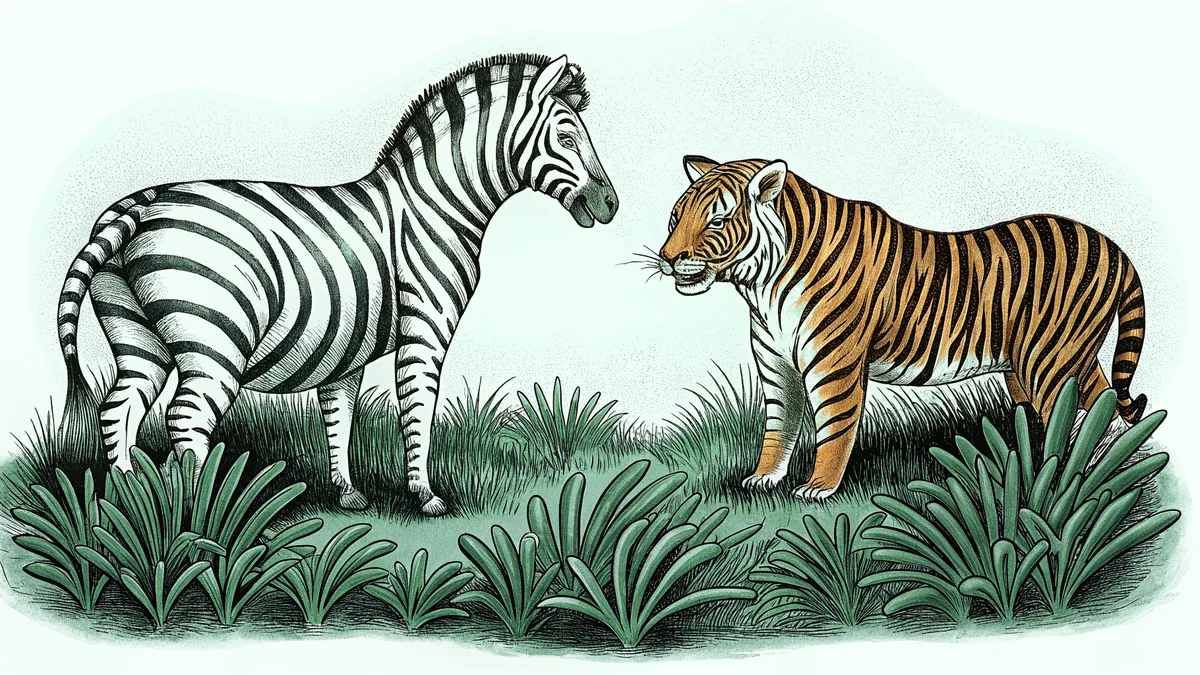 A zebra and tiger standing together in savanna grassland.