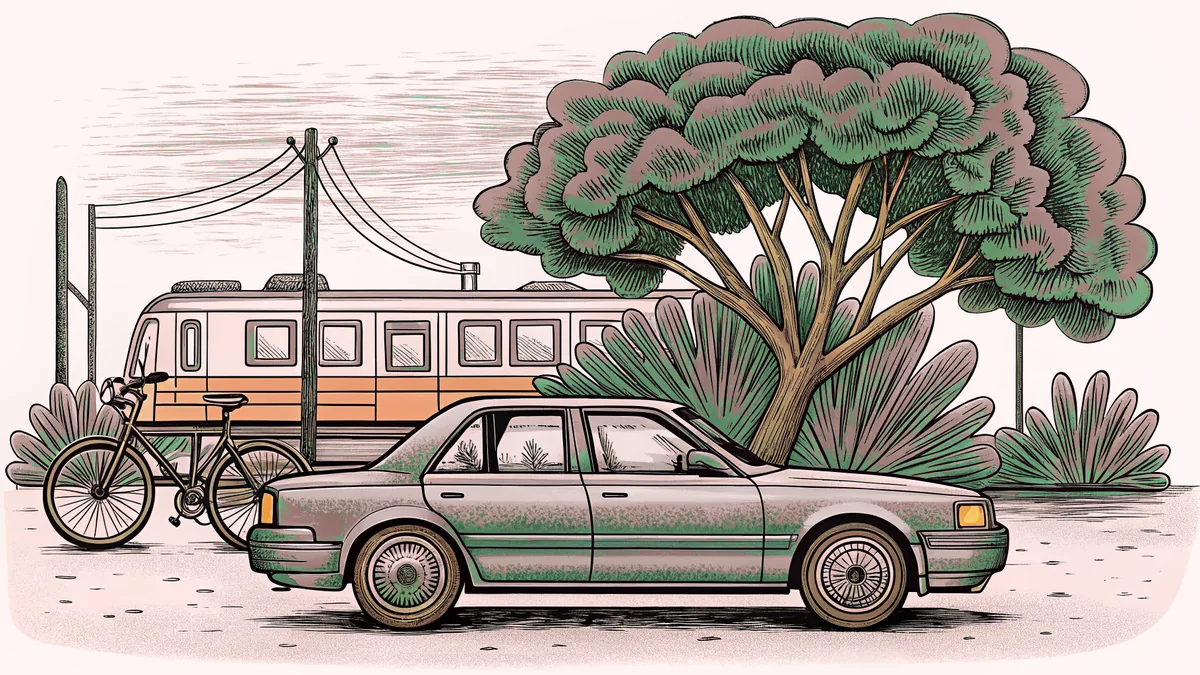 Various land vehicles including a taxi, bicycle, bus, and train in an urban setting.