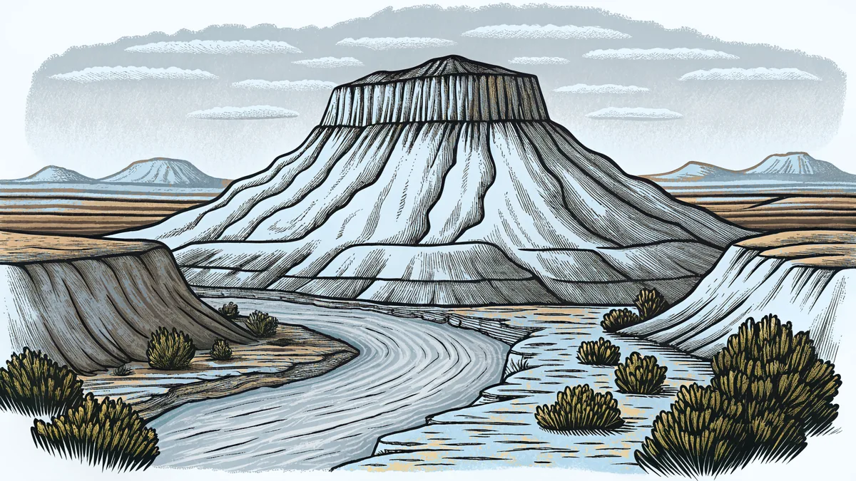A volcano and flat-topped mesa rise above a winding canyon where a river delta meets the sea.