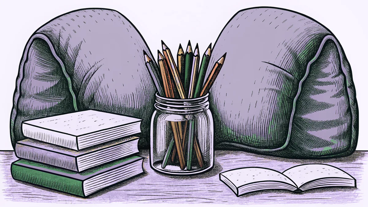 A jar of colored pencils sits on a wooden desk beside a cozy reading nook.
