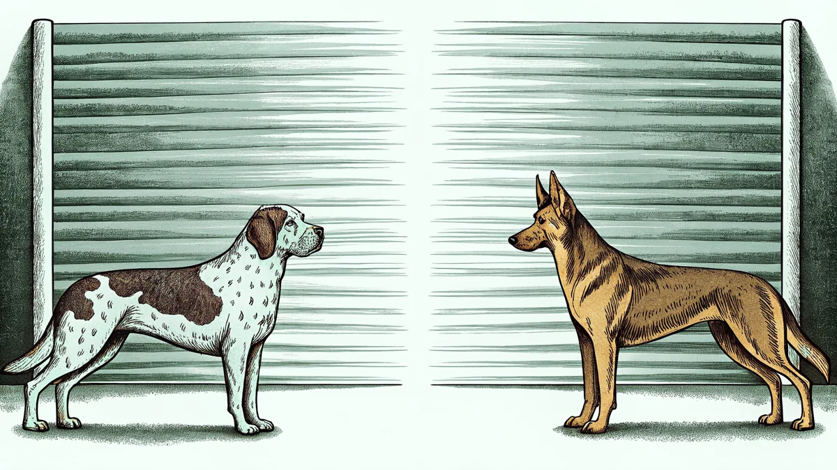 Three large dog breeds together: a German shepherd, Great Dane, and Saint Bernard.
