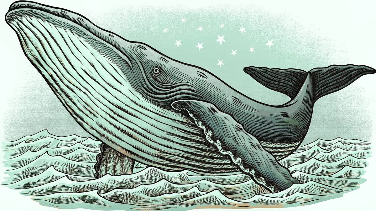 A colossal blue whale breaching from the ocean at night.