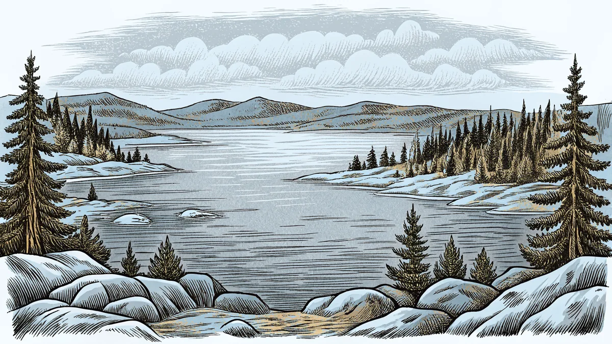 A serene lake enclosed by evergreen forests and peaks.