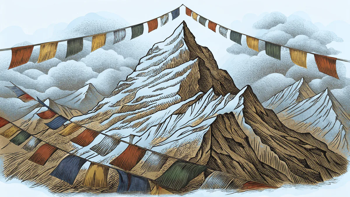 Mount Everest's icy summit rises through swirling mists above mountain valleys.