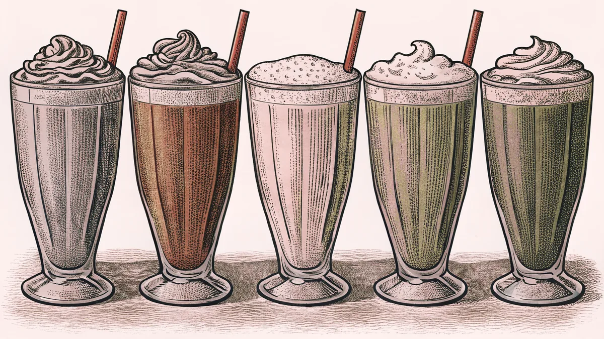 An assortment of drinks in glasses ranging from coffee to juice to smoothies.