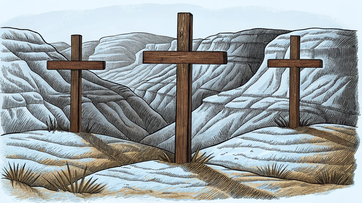 Ancient wooden crosses standing in a sun-baked desert canyon.