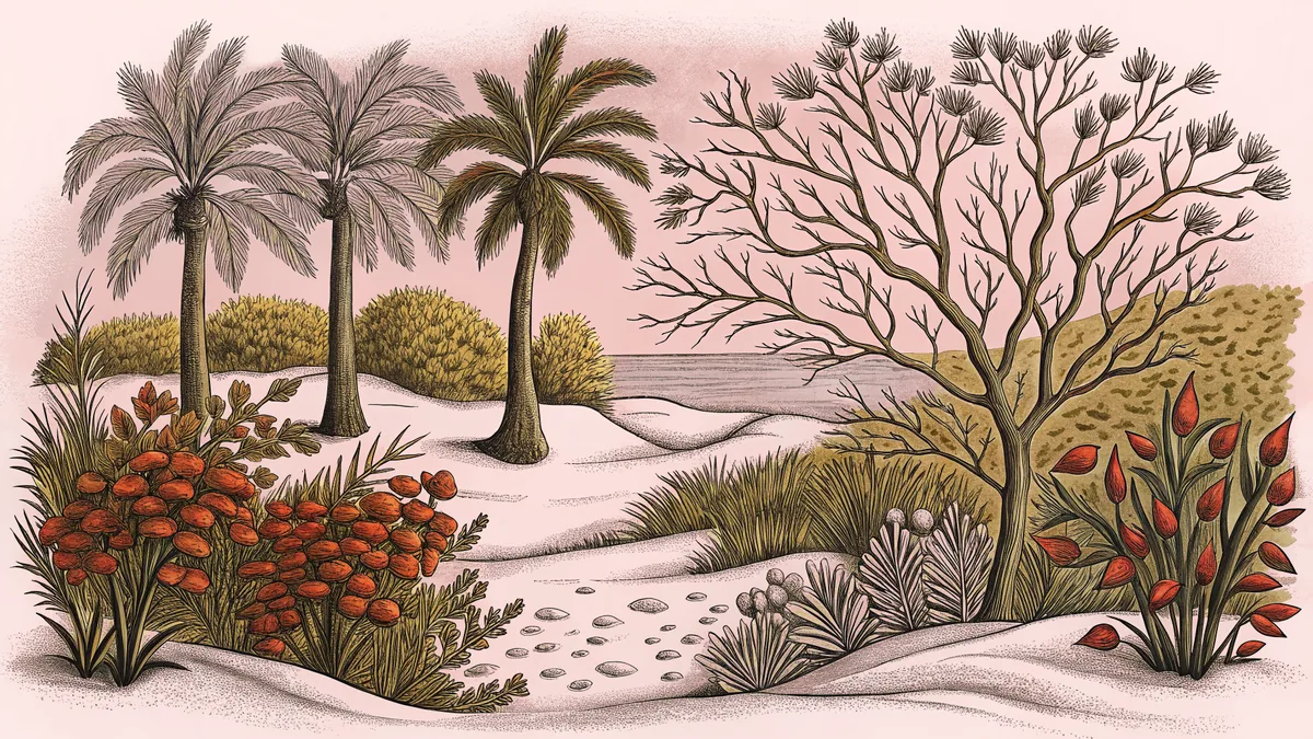 All four seasons depicted together with spring blossoms, summer sun, fall leaves, and winter snow.