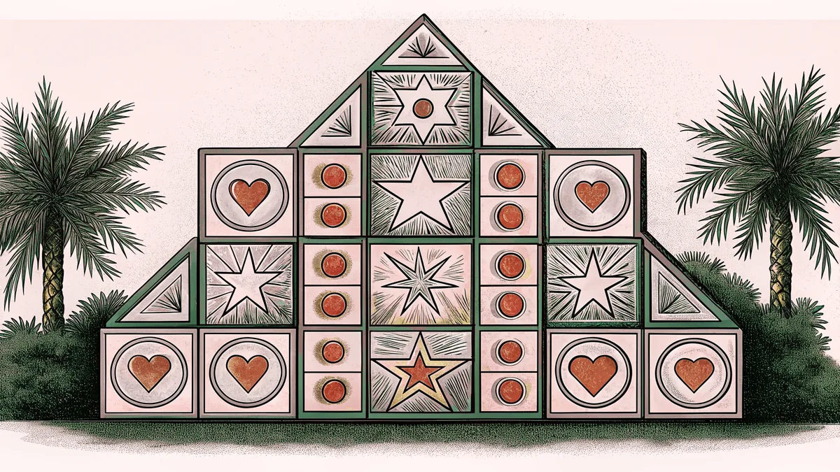 Geometric shapes in various colors including circles, squares, stars, and cubes.