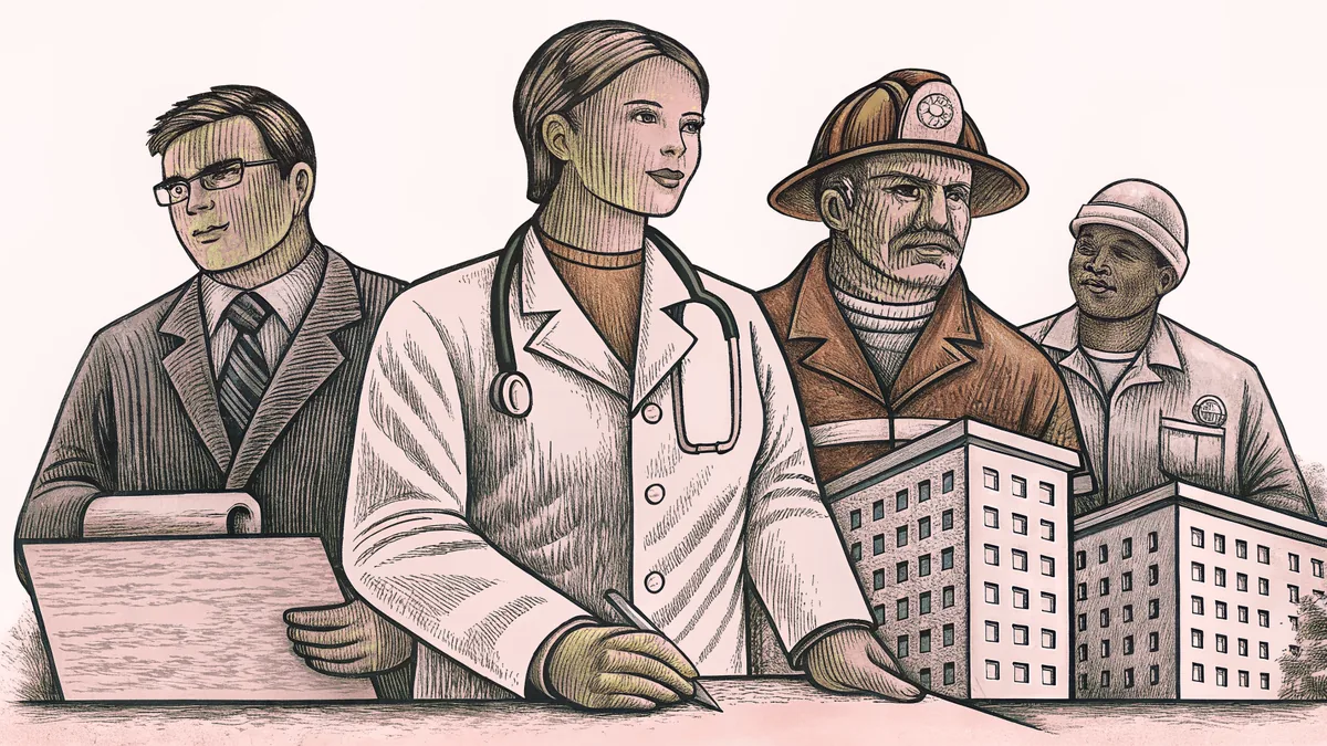 Various professionals at work including doctors, firefighters, teachers, and construction workers.