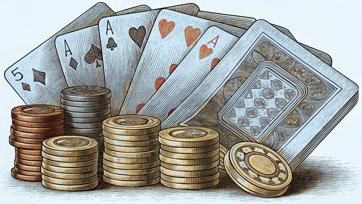 Casino chips and playing cards gleaming under Vegas neon signs.