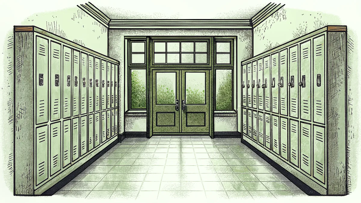 Hallway scene featuring empty lockers, farewell notes, a ringing bell, and summer outside.