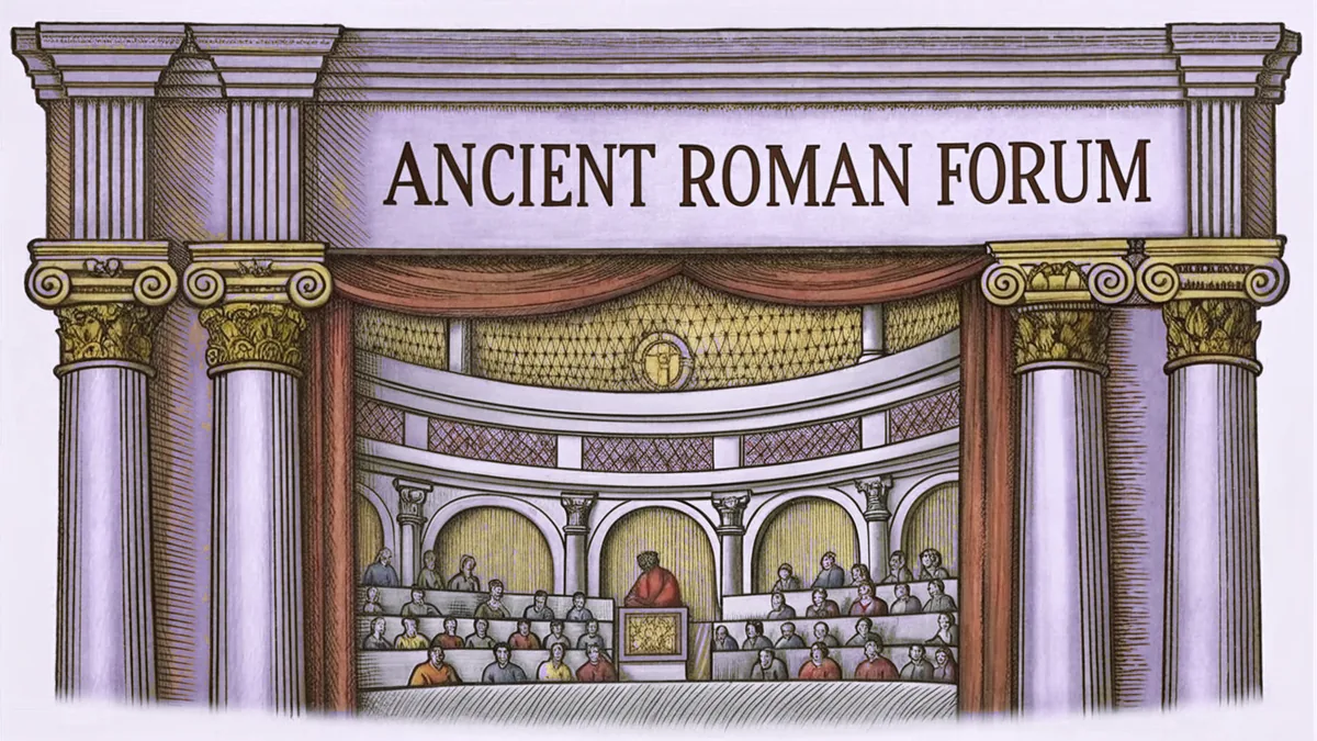 An ancient Roman temple with Latin inscriptions carved into columns.