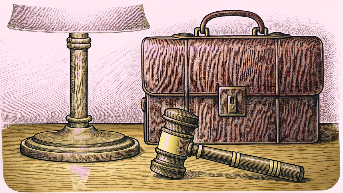 A bronze gavel sits beside a leather briefcase on a polished wooden desk.