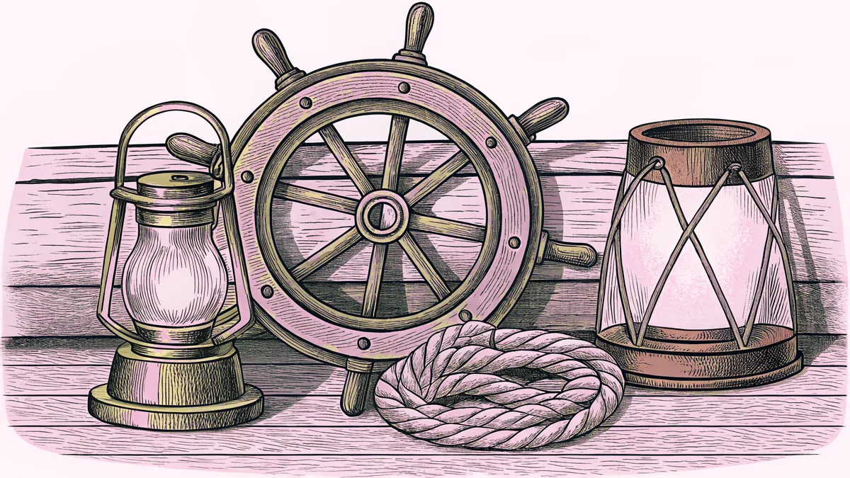 A ship's brass helm stands beside a lit lantern and a coiled rope on a weathered deck.