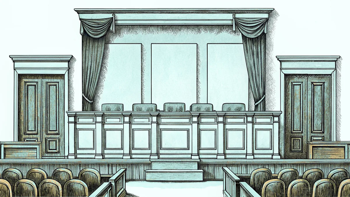 Traditional courtroom interior with judicial bench and legal professionals at work.