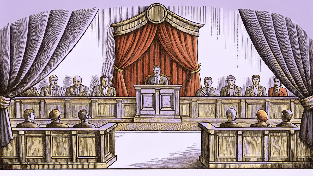 Courtroom scene with judge, lawyers presenting evidence, and seated jury.