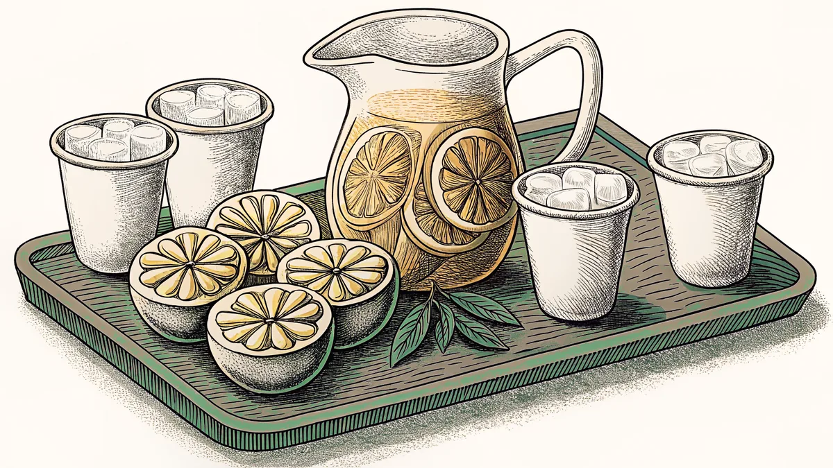 A pitcher of lemonade with fresh lemons and iced cups awaits thirsty customers.