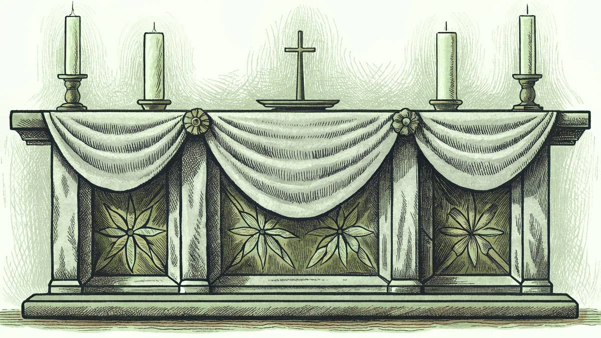 Purple cloth, unlit candles, and an empty plate symbolize Lenten sacrifice.