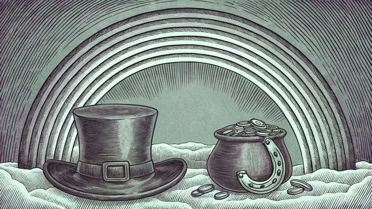 A buckled hat, clay pipe and pot of gold coins under a rainbow arch.