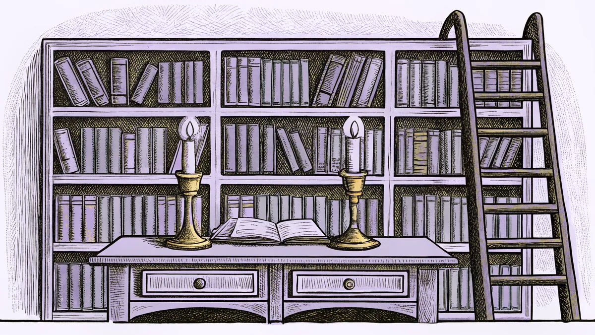 A candlelit desk with a brass lamp stands beside a wooden ladder leaning on tall shelves.