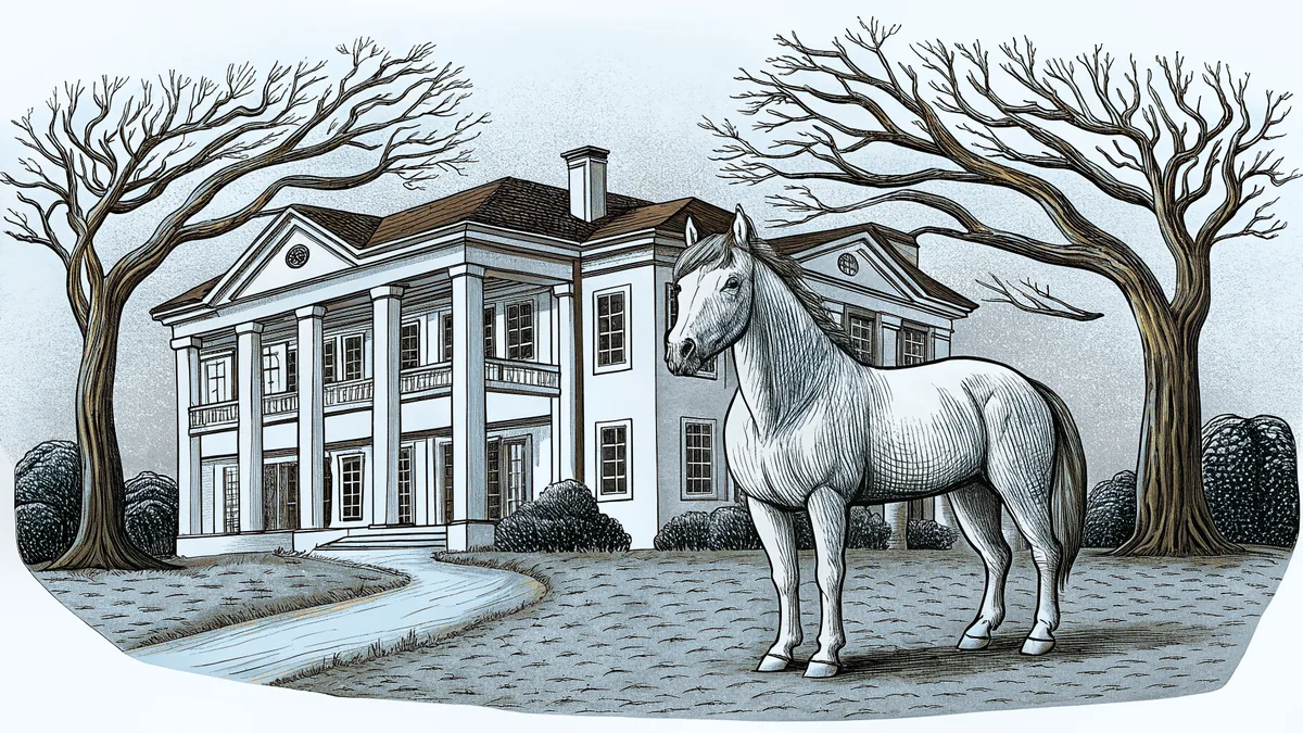 A thoroughbred horse grazes in lush bluegrass with a historic mansion in the background