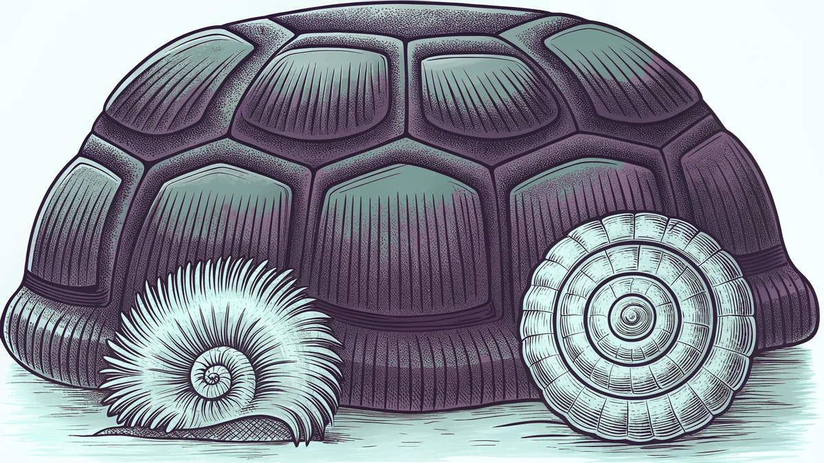 A turtle shell rests beside a spiral snail shell and a tuft of soft animal fur.