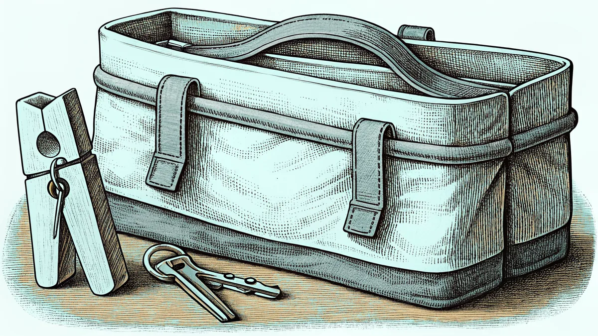 A wooden laundry peg, a house key and an upright canvas tote bag.