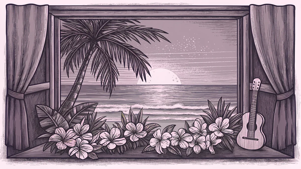 Tropical flowers and a ukulele rest on a sill with palm trees and ocean beyond.