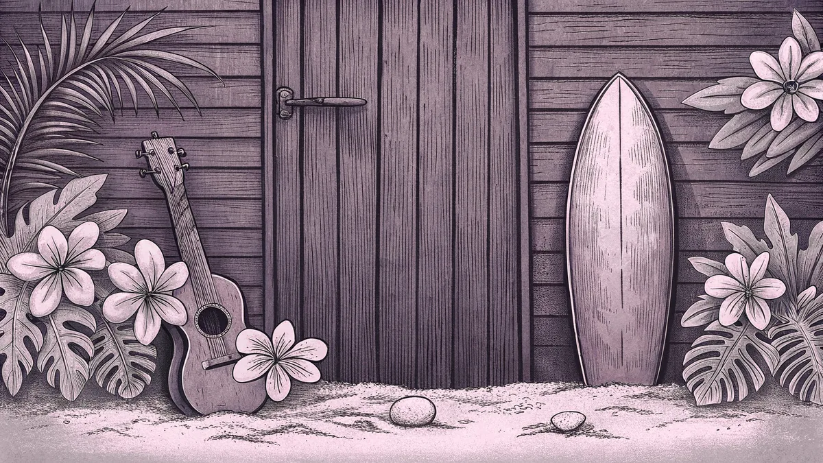 A ukulele and surfboard lean against a beach hut beside tropical flowers and sand dollars scattered on weathered wood.