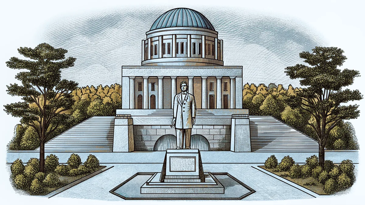 An Abraham Lincoln monument overlooks a sunken garden with creek water.