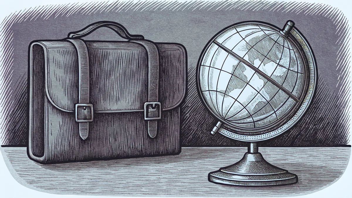 A globe mounted on a brass stand, beside a worn leather satchel.