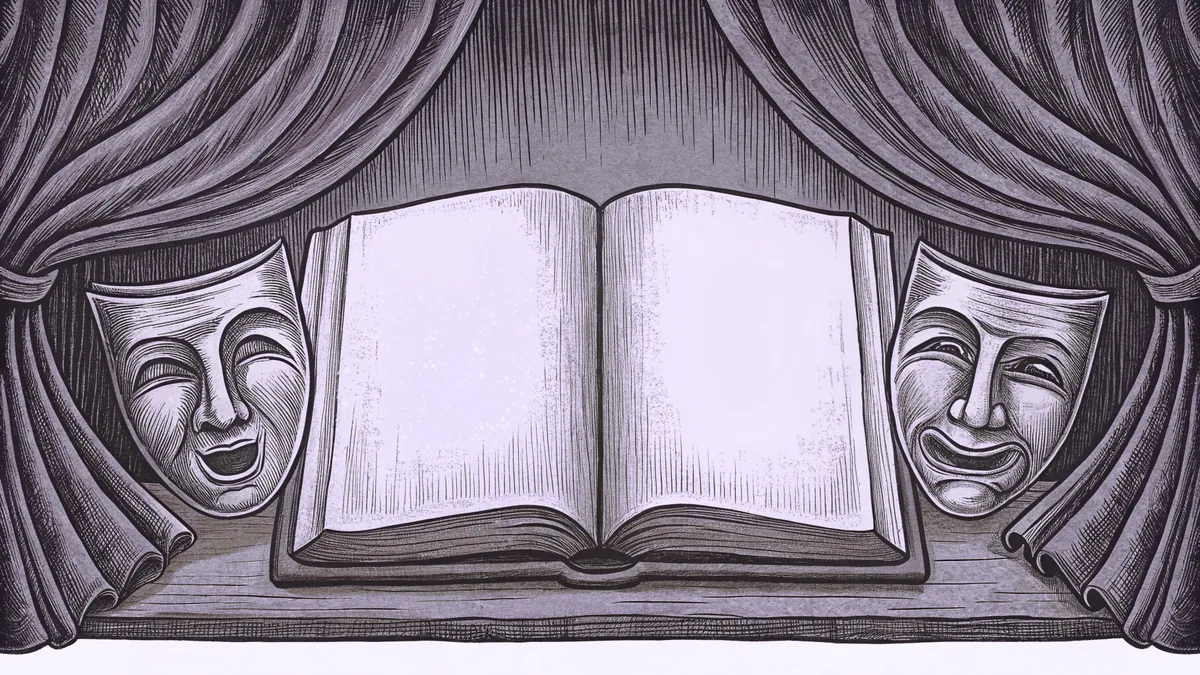 Two theater masks flank an open book with blank pages on a wooden desk.
