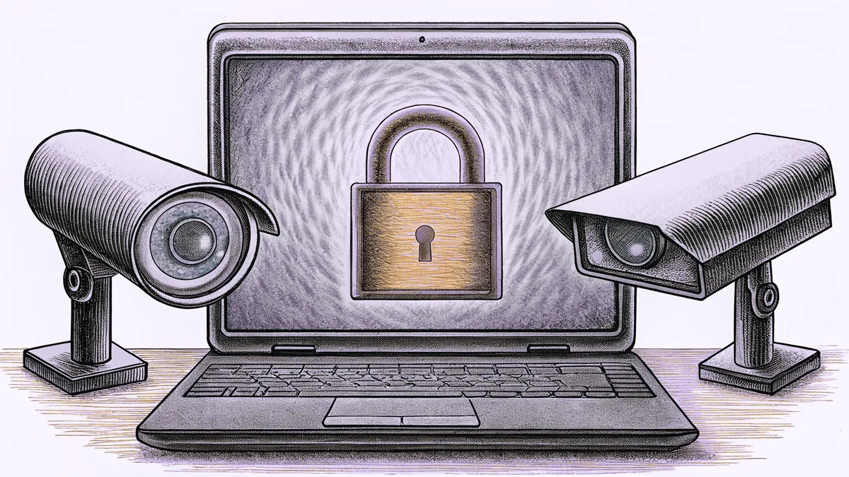 A laptop glows in a dark room beside a mounted security camera and a padlock.