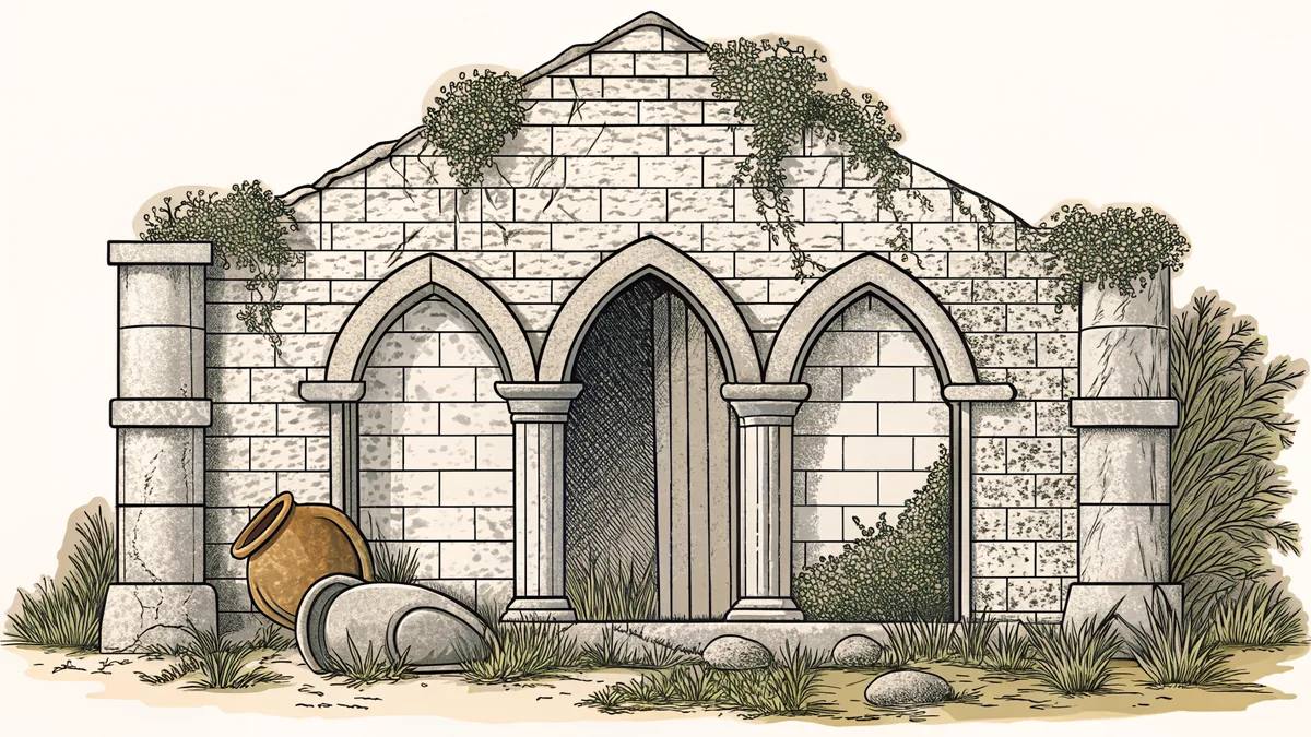 An ancient stone ruin overgrown with vines stands beside a cracked clay urn half buried in earth.