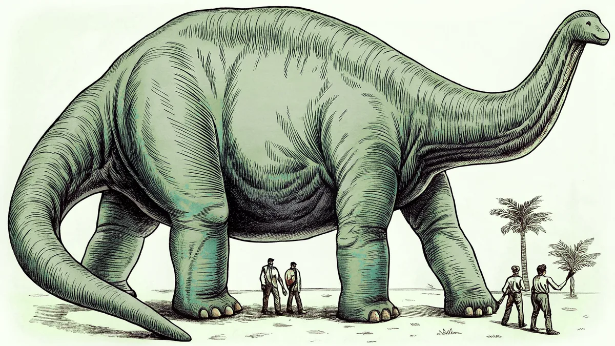 Colossal long-necked dinosaurs towering over landscape.
