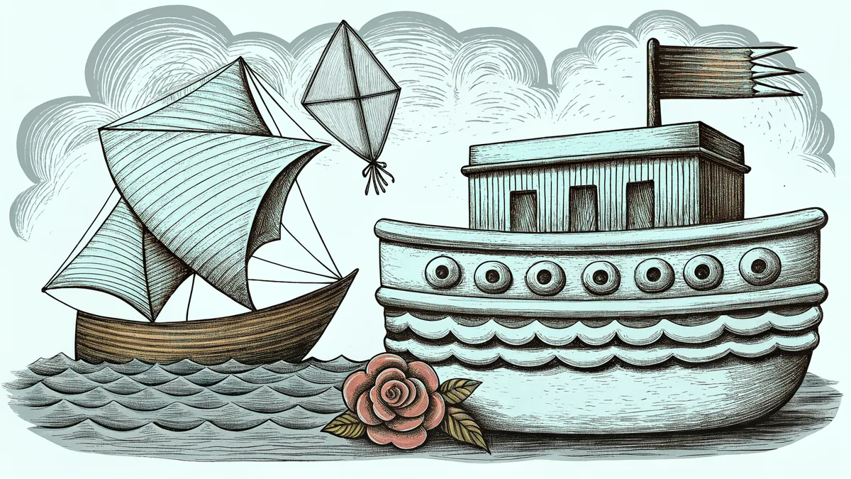 A toy boat and a kite float beside a frosted cake and a single rose.
