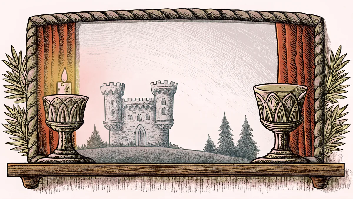 A medieval castle silhouette stands beside glowing candlelight and an ornamental goblet.